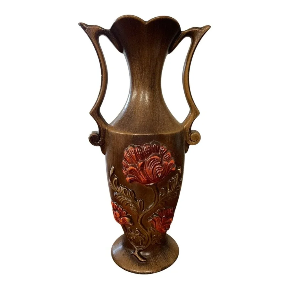 Vintage Bronze Tone Ceramic Vase with Raised Red Orange Floral Decor Handles